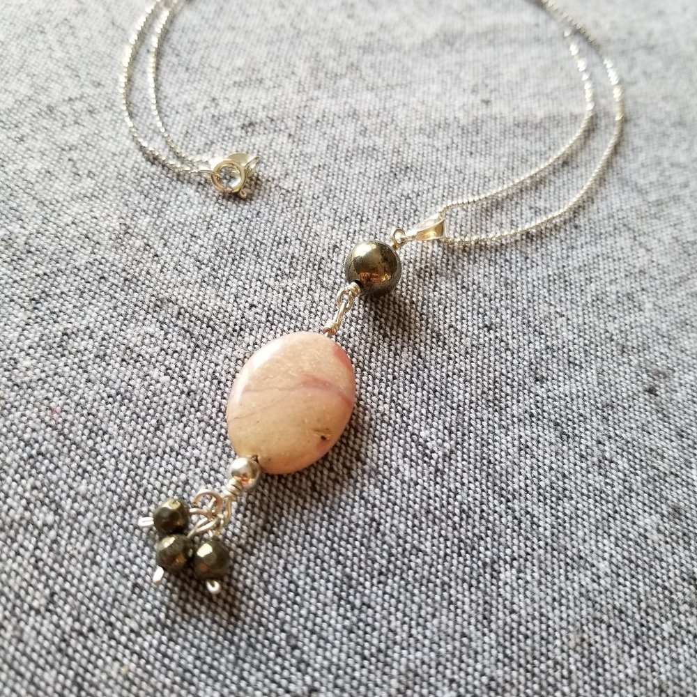 New pink opal and pyrite gemstone sterling silver handcrafted necklace